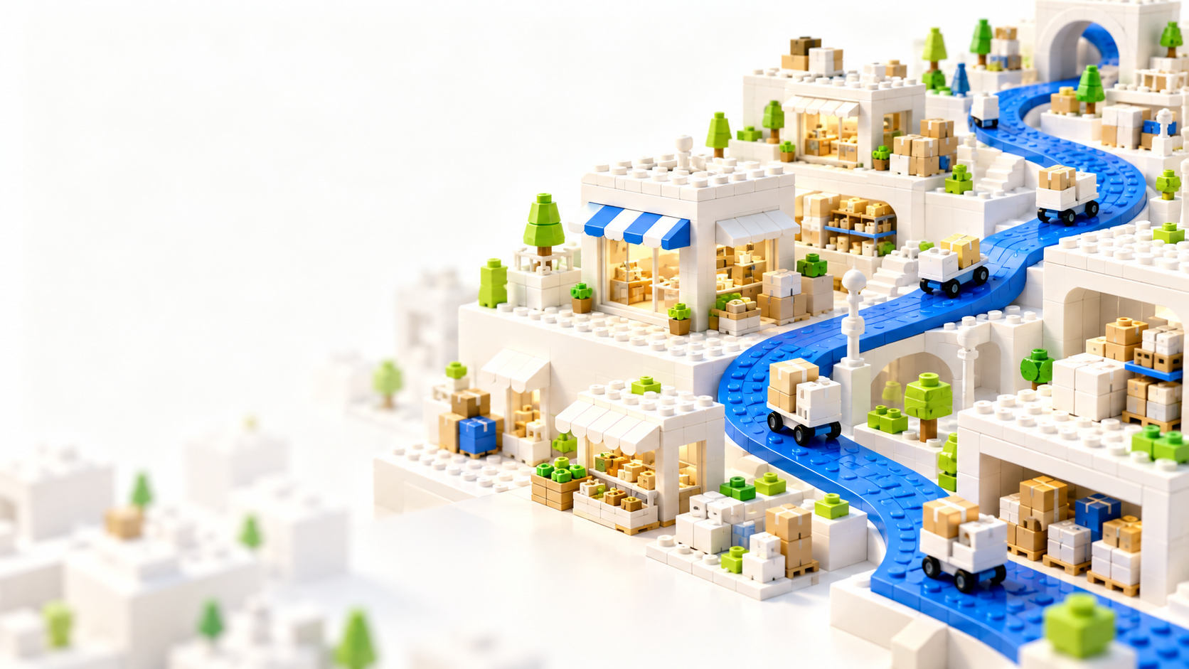 A playful toy-brick marketplace world of miniature shops, delivery carts and parcels connected by a blue pathway